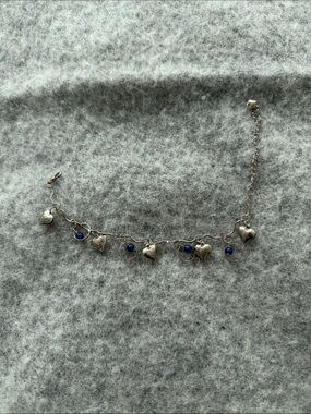 Silver Heart and Blue Bead Charm Bracelet/Anklet - Women's Jewelry